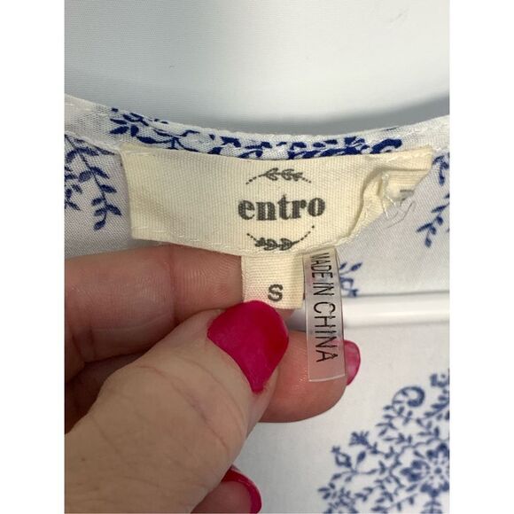 Entro Damask Tapestry V-Neck Babydoll Mini Dress Blue & White Small - Picture 6 of 6